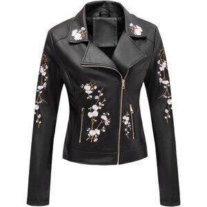 Women's Black Faux Leather Embroidered Peak Lapel & Zipper Classic Biker Jacket